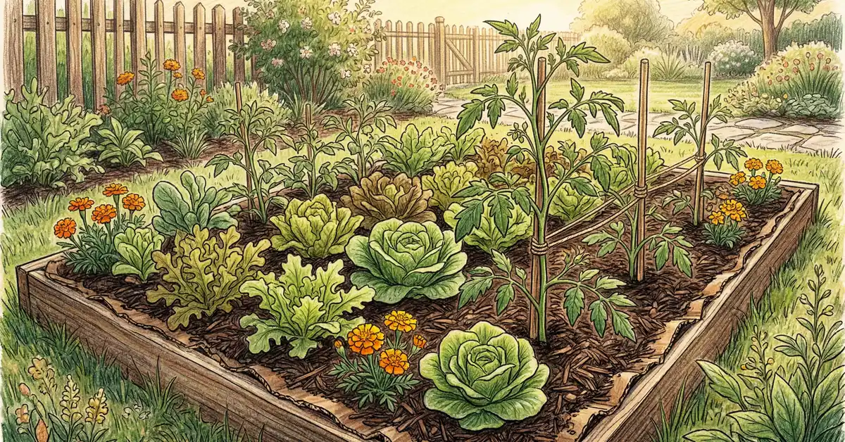 Lush no-dig vegetable garden bed in spring with lettuce, tomato seedlings, and marigolds growing in dark composted mulch