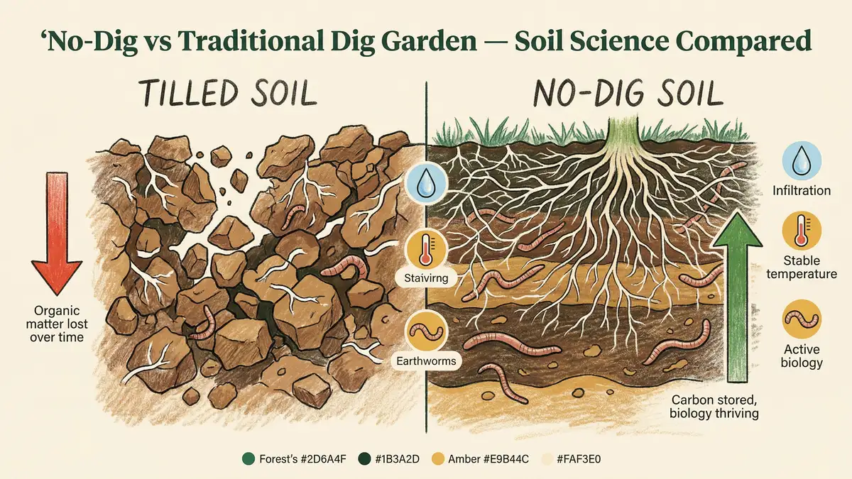 No dig vs tilled soil comparison infographic showing mycorrhizal networks, earthworms, organic matter, water infiltration in the GrowPerma palette