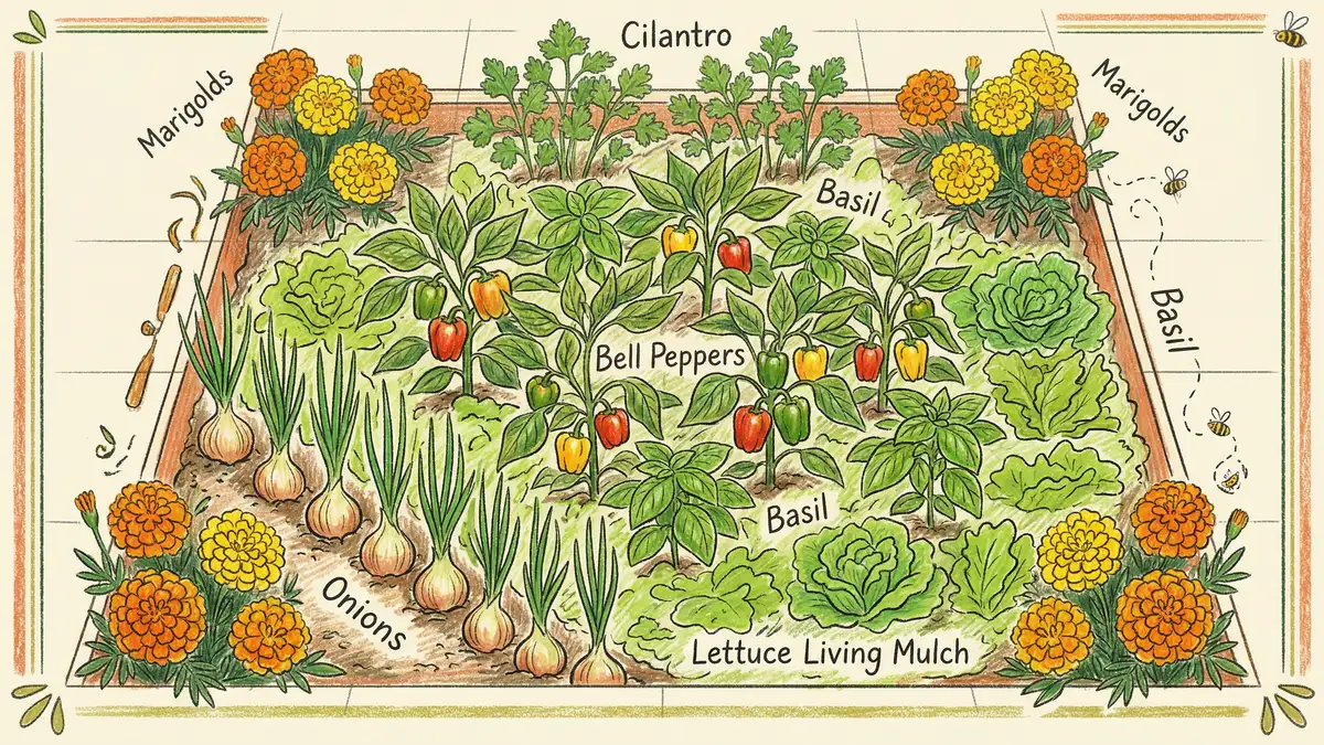 Top-down view of a 4-foot by 4-foot raised bed showing companion planting layout for peppers with basil, onions, marigolds, cilantro, and lettuce