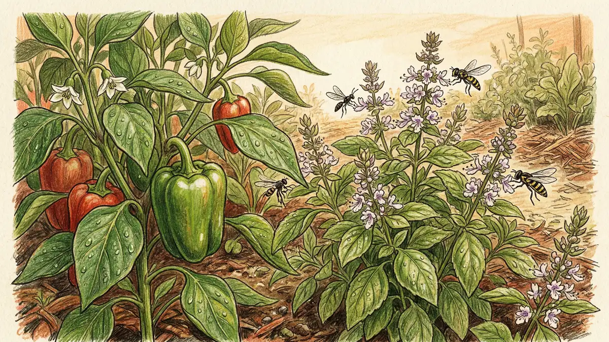 Close-up of bell pepper plants intercropped with sweet basil and parasitic wasps visiting basil flowers