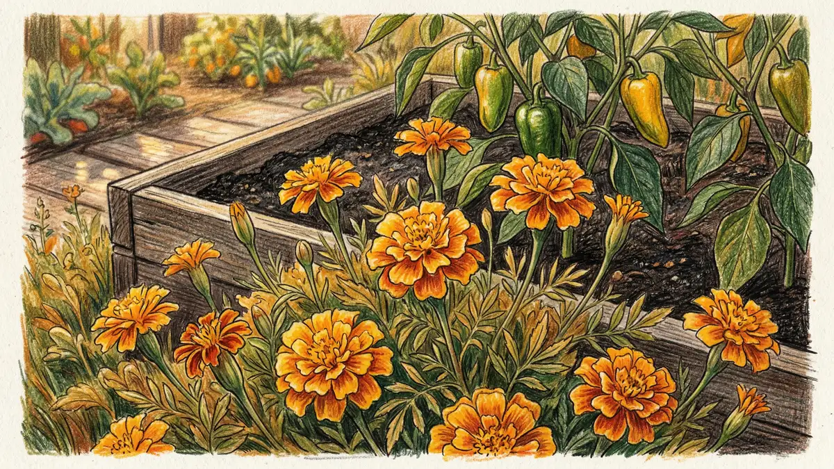 Bright orange and yellow French marigold flowers blooming at the edge of a raised bed with pepper plants in background