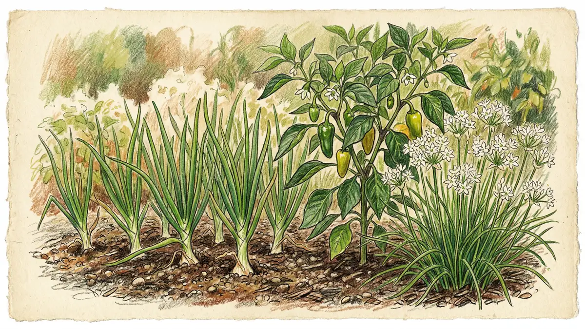 Green onion scallions and flowering garlic chives growing alongside pepper plants