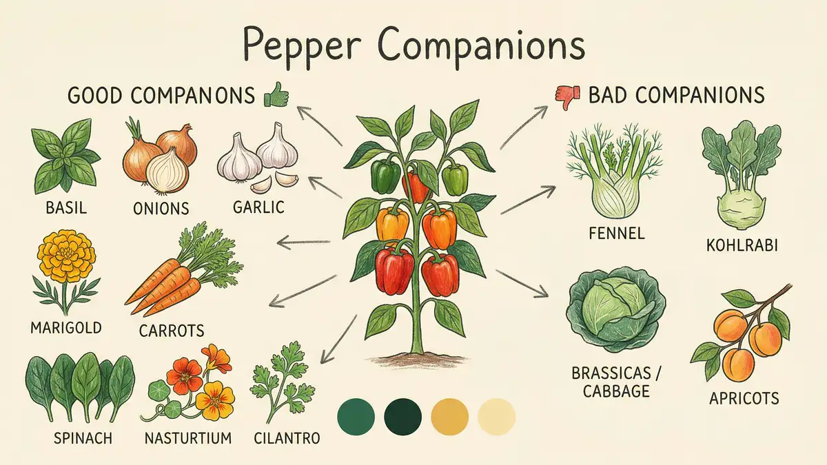 Pepper companion planting compatibility infographic showing good companions like basil, alliums, marigold, carrots, and bad companions like fennel, brassicas, sunflowers