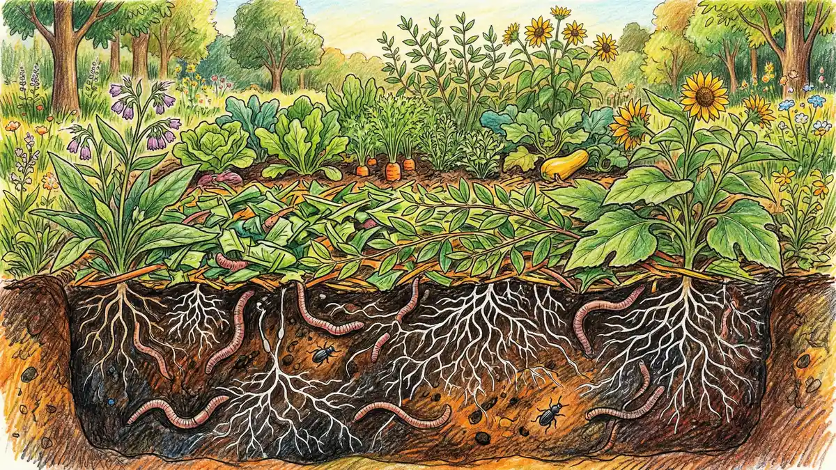 Cross-section illustration of a permaculture vegetable bed showing fresh chopped comfrey and Mexican sunflower leaves layered as mulch over dark soil with visible earthworms and white fungal mycelium