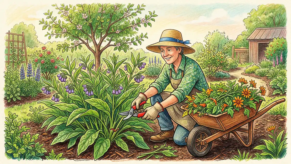 Permaculture gardener in straw hat cutting comfrey at the base with hand pruners next to a wheelbarrow of harvested leaves and a young apple tree