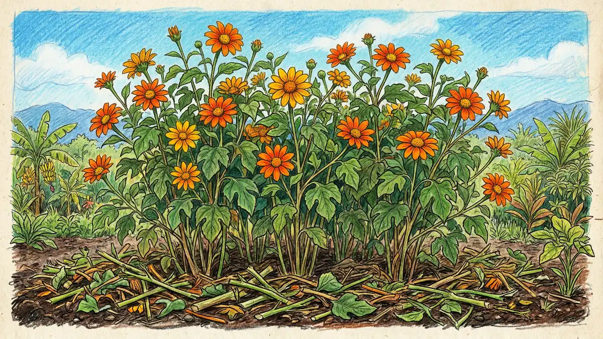 Bright orange and yellow Mexican sunflower Tithonia diversifolia flowers and broad green leaves with cut stems lying as mulch at the base