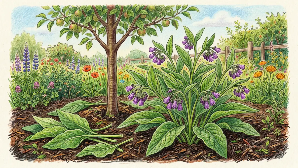 Healthy comfrey plant Symphytum officinale with broad fuzzy green leaves and small purple flowers growing at the base of a young apple tree with cut leaves on the soil as mulch