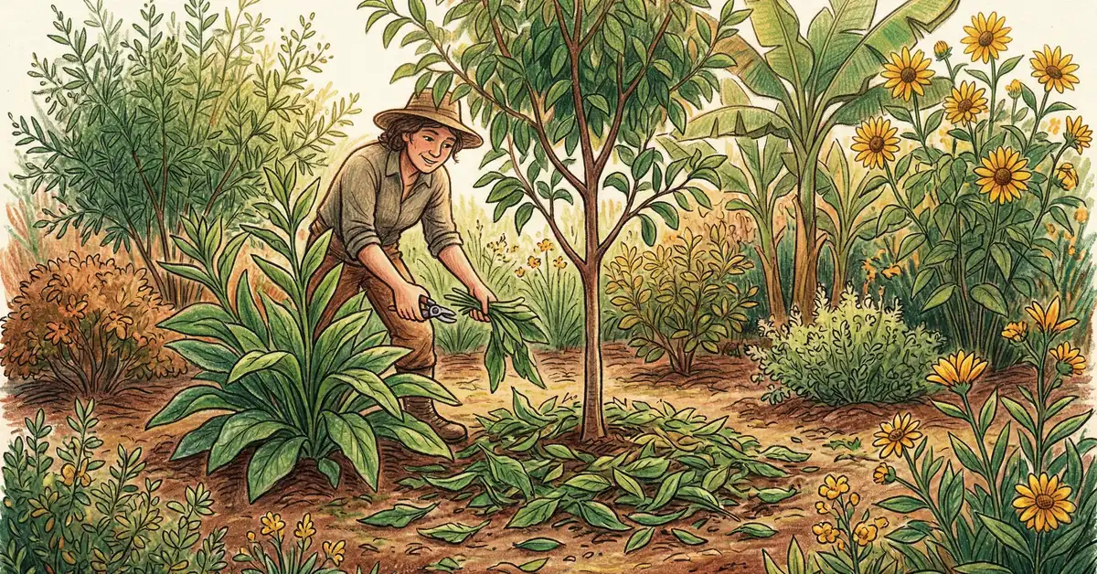 Permaculture gardener cutting comfrey leaves and dropping the foliage as living mulch around a young fruit tree in a syntropic garden bed