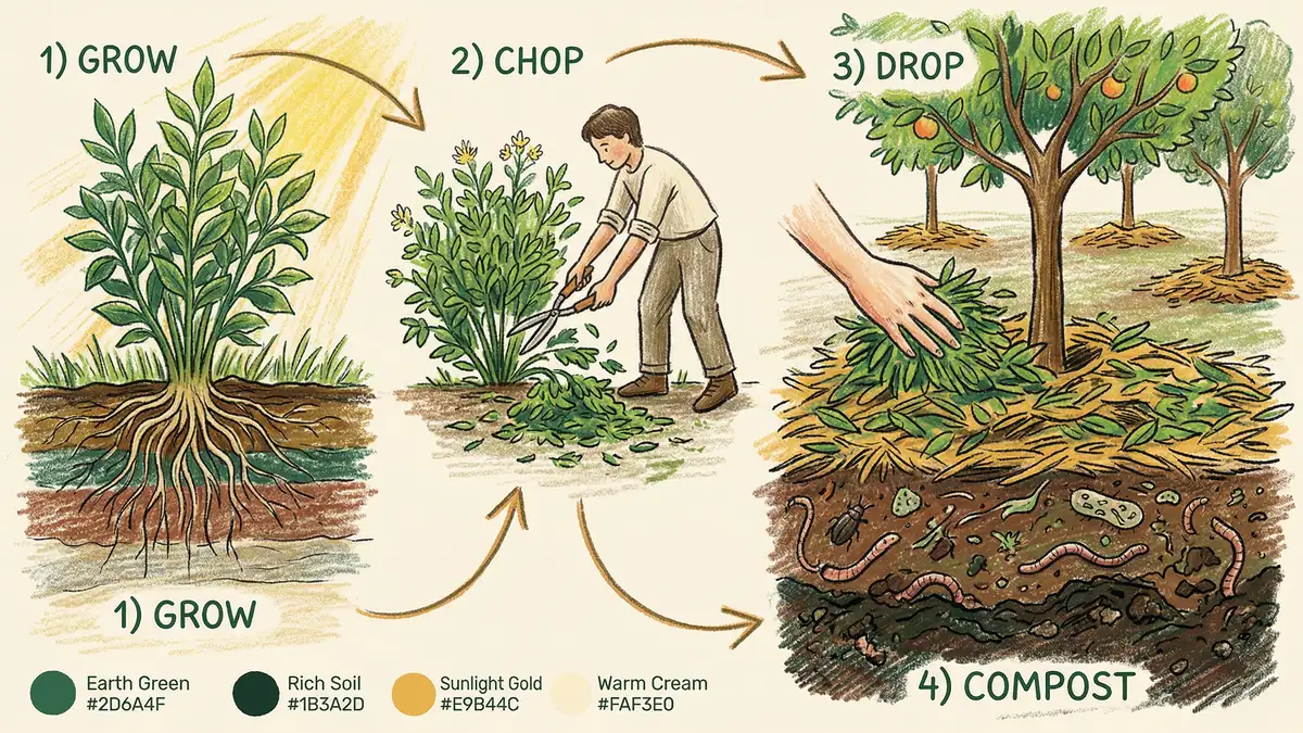 Four-step infographic showing the chop and drop cycle: plant grows tall, gardener chops at the base, foliage laid as mulch, soil organisms break it down to humus