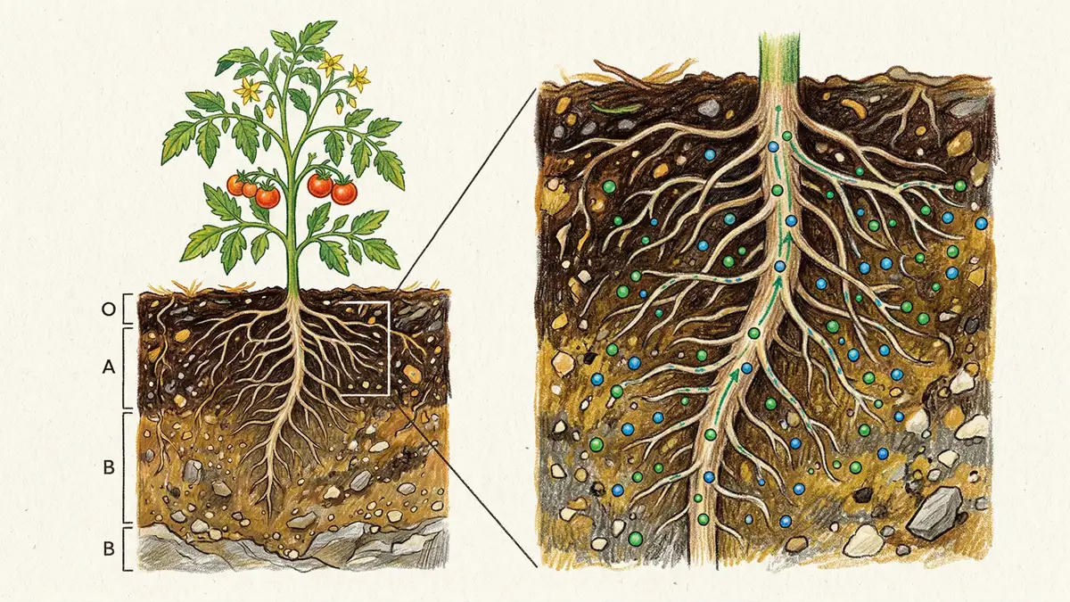 Pencil crayon illustration of a tomato root system reaching down through a dark soil profile with magnesium and sulfate ions shown as labeled dots being absorbed by root hairs