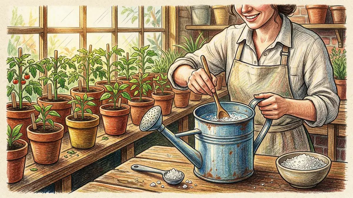 Pencil crayon illustration of a gardener dissolving epsom salt crystals into a metal watering can on a wooden potting bench, with tomato seedlings in the background