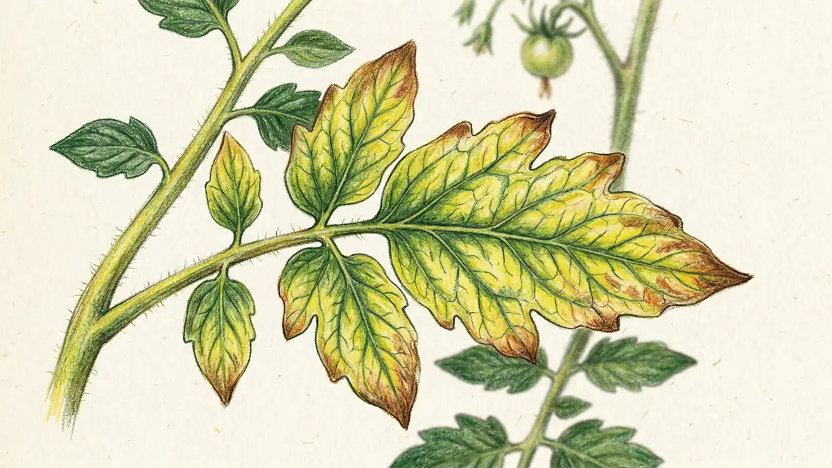 Close-up pencil crayon illustration of a tomato leaf showing interveinal chlorosis — yellow tissue between still-green veins, the classic sign of magnesium deficiency