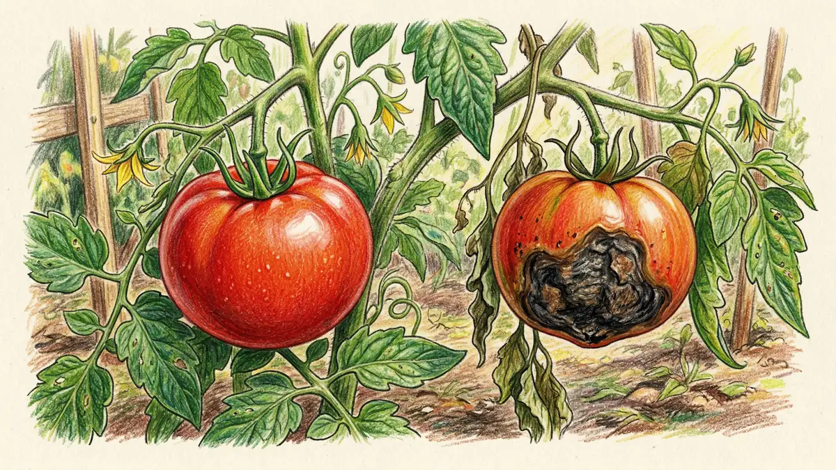 Pencil illustration comparing a healthy red tomato on the vine with one showing blossom end rot — a dark sunken patch on the bottom of the fruit