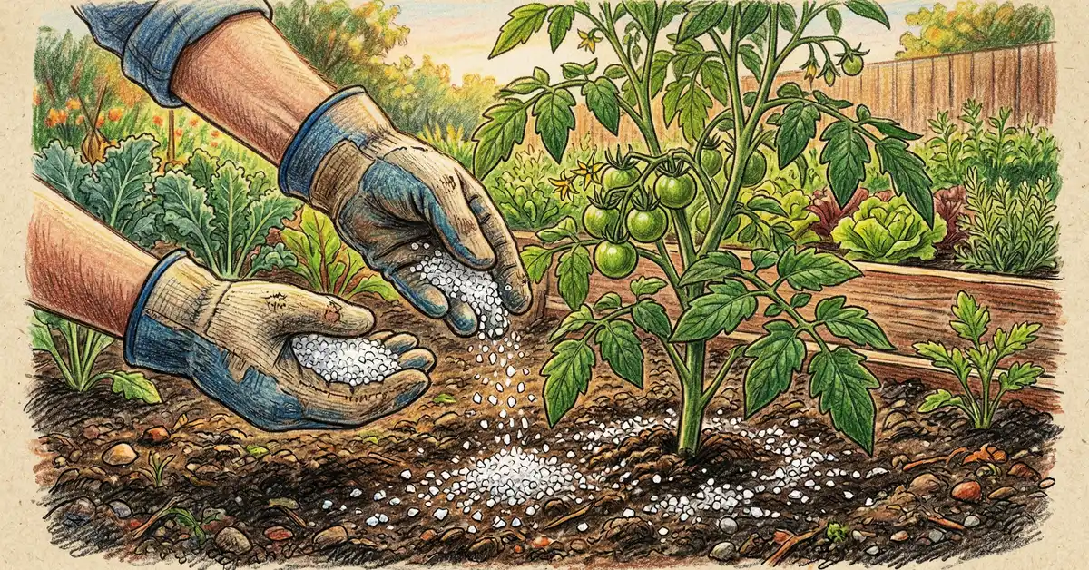 Pencil crayon illustration of a gardener's gloved hand sprinkling epsom salt crystals around the base of a tomato plant in a backyard vegetable garden