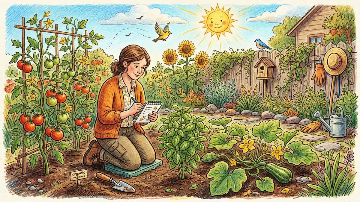 Pencil-crayon illustration of a backyard site assessment showing sun, water flow, wind, and microclimates across a suburban lot