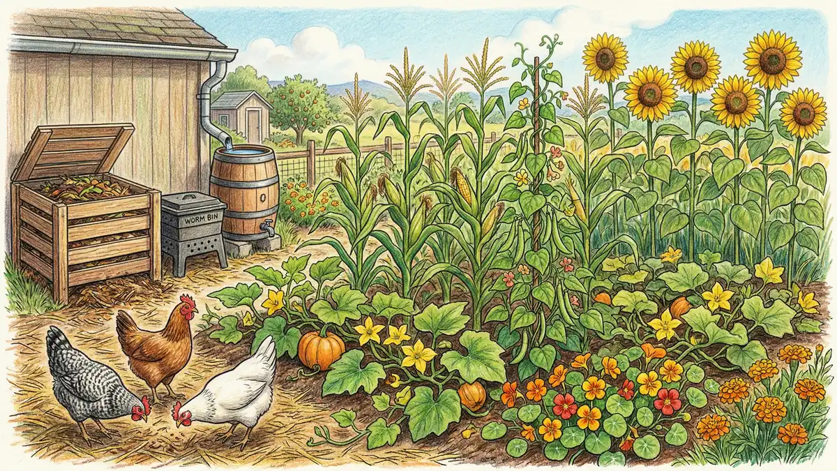 Pencil-crayon illustration of an integrated polyculture bed with corn, climbing beans, and squash growing together in a backyard
