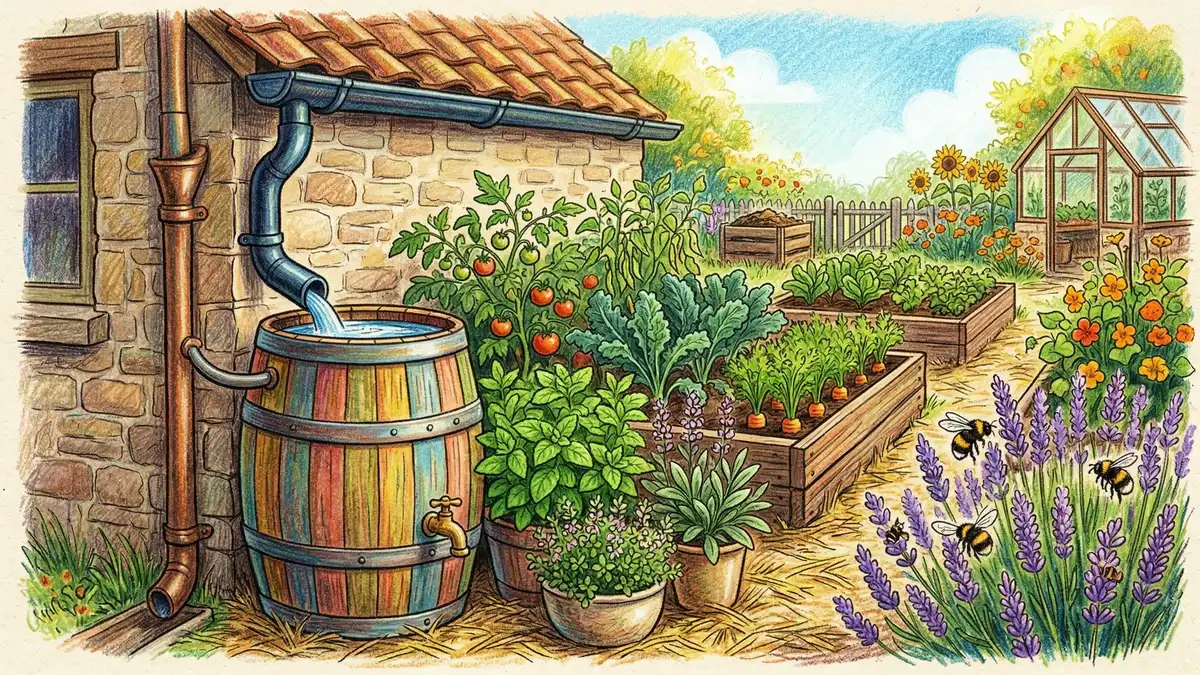 Pencil-crayon illustration of a hand-painted rain barrel beside a downspout collecting rainwater for garden beds