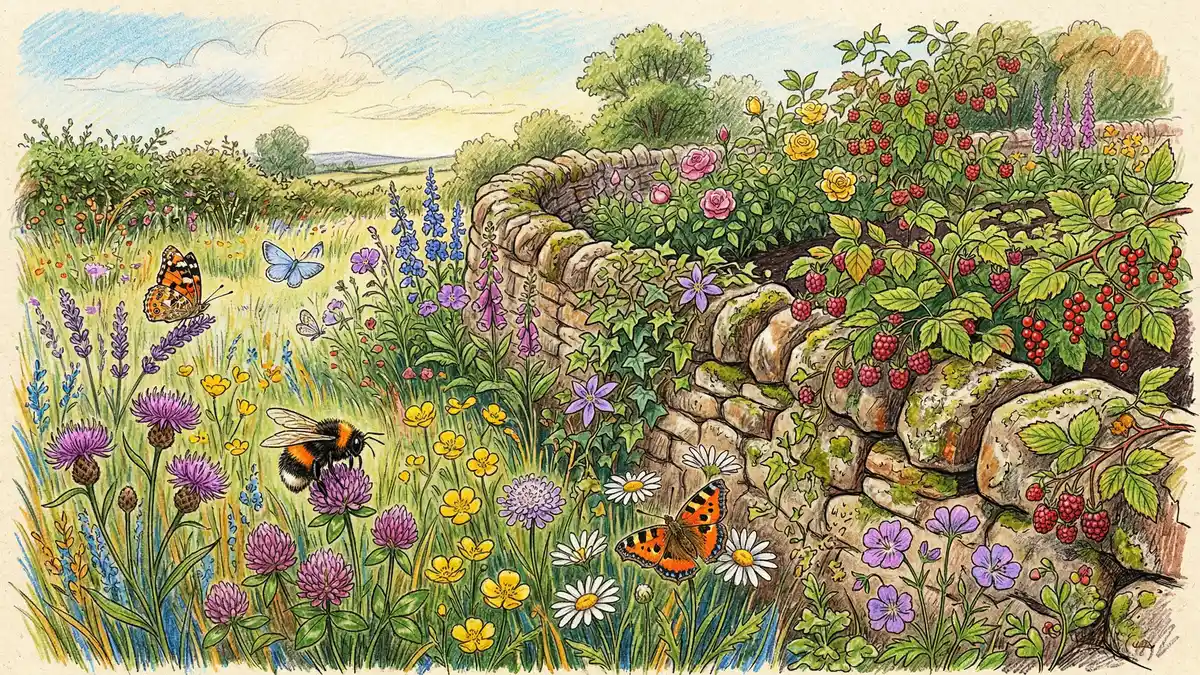 Pencil-crayon illustration of a gardener sketching sun and water patterns in a backyard observation journal