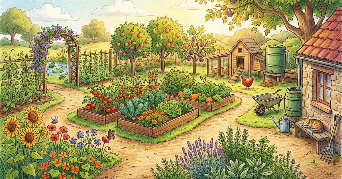 Pencil-crayon illustration of a lush backyard permaculture garden showing the 12 permaculture principles in action with food forest layers, swales, companion planting, and a rain barrel