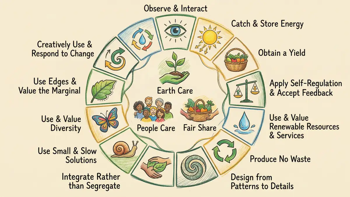 Pencil-crayon infographic showing Holmgren's 12 permaculture principles arranged around the three ethics Earth Care People Care Fair Share
