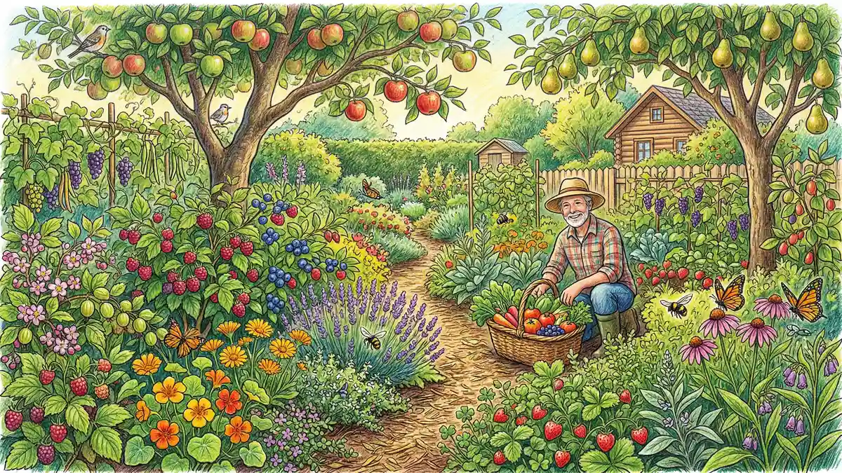 Mature lush backyard food forest with ripe fruits berries herbs and a harvest basket overflowing with produce