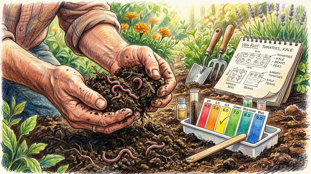 Hands testing garden soil with a pH kit showing earthworms and rich dark compost