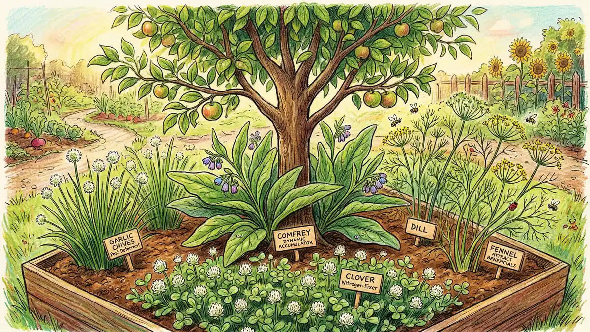 Guild planting arrangement with fruit tree comfrey clover and herb companions in permaculture food forest