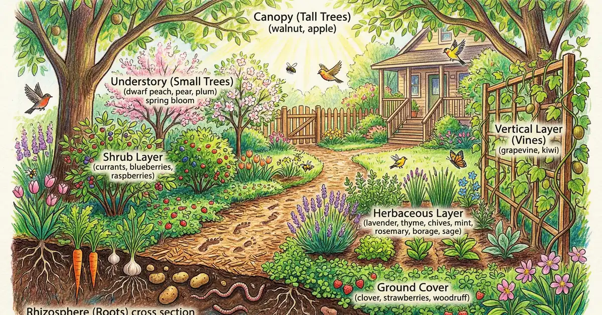 Backyard food forest showing seven layers from canopy trees to ground cover with a winding mulch path in spring sunlight
