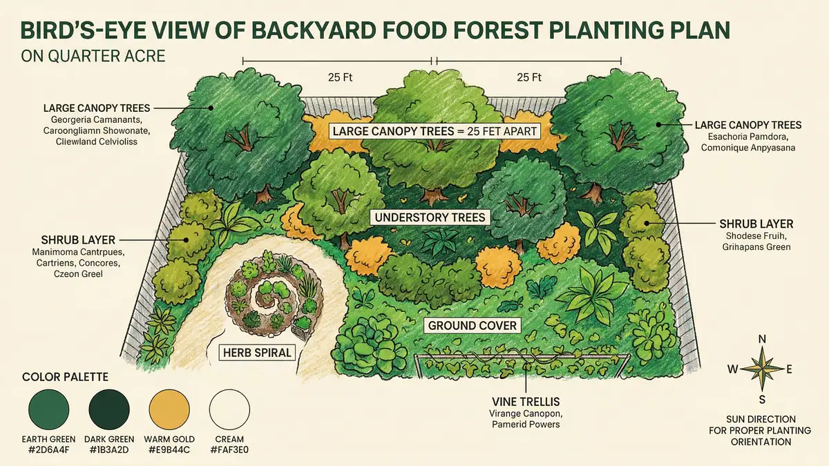 Bird's-eye view food forest planting plan showing canopy trees understory shrubs herbs and ground cover layout