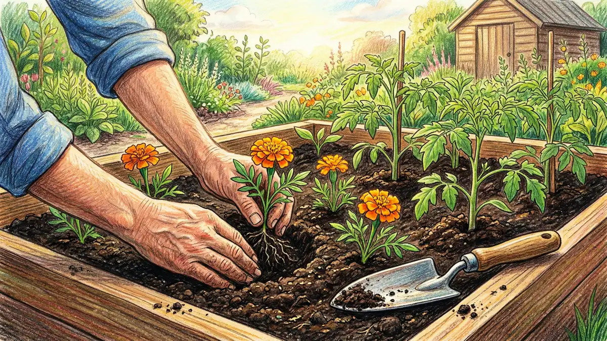 Gardener planting bright orange marigold seedlings alongside young tomato plants in a raised vegetable bed with rich dark compost