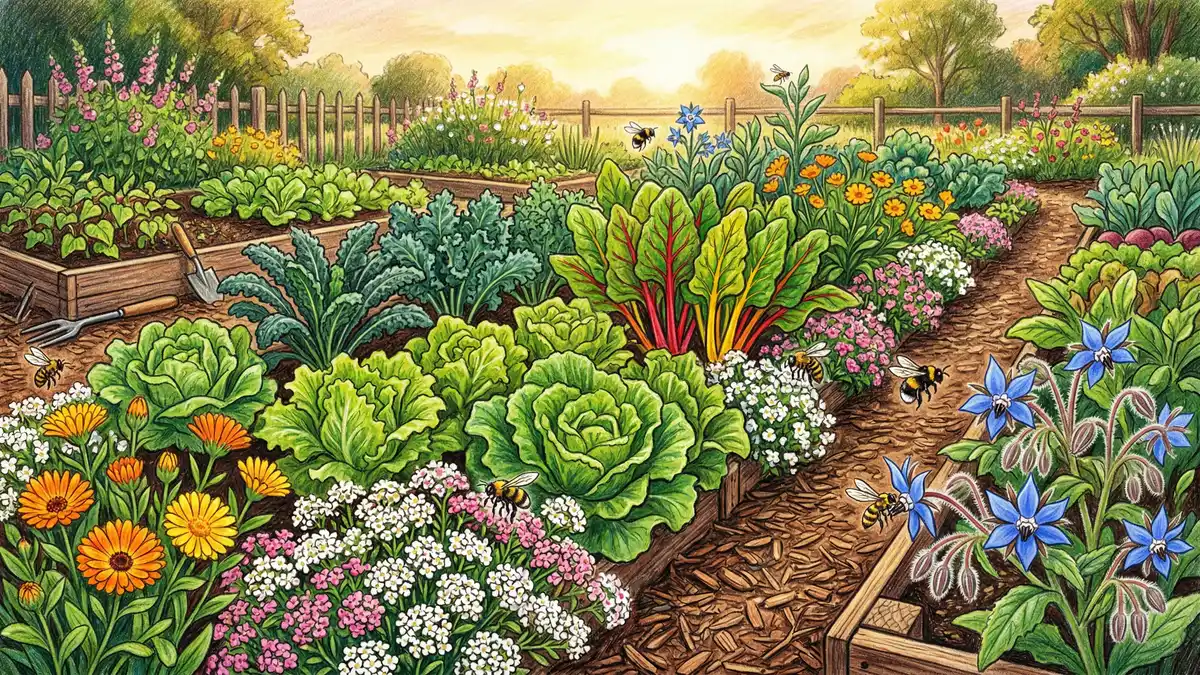 Thriving vegetable garden border with sweet alyssum calendula and borage flowers growing between rows of lettuce kale and Swiss chard with bees visiting