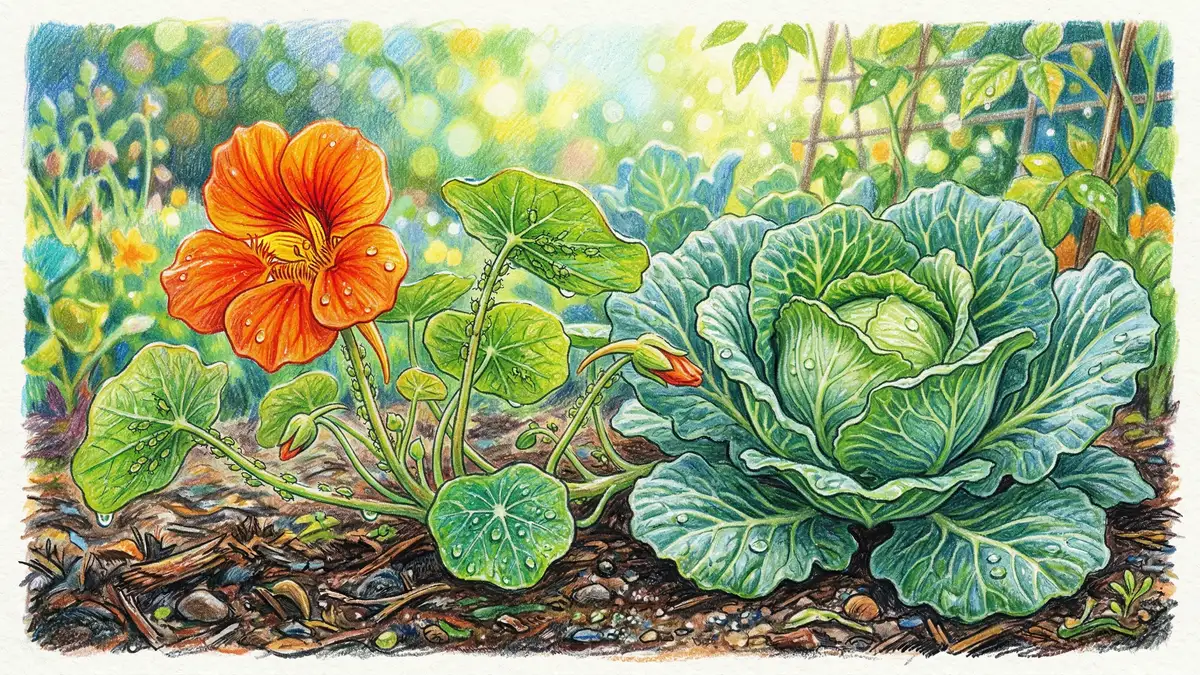 Close-up of bright orange nasturtium flower growing next to a cabbage plant with detailed leaf textures in a companion vegetable garden