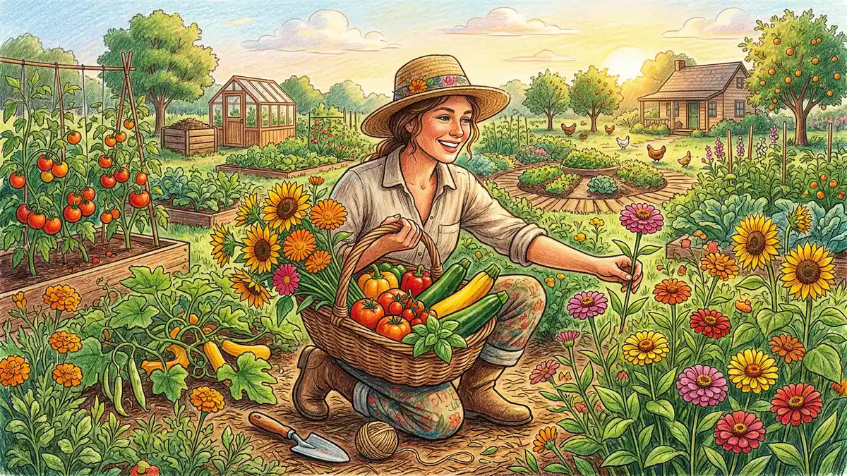 Homesteader harvesting a basket of mixed vegetables and flowers including tomatoes zucchini calendula and zinnias from a productive permaculture garden