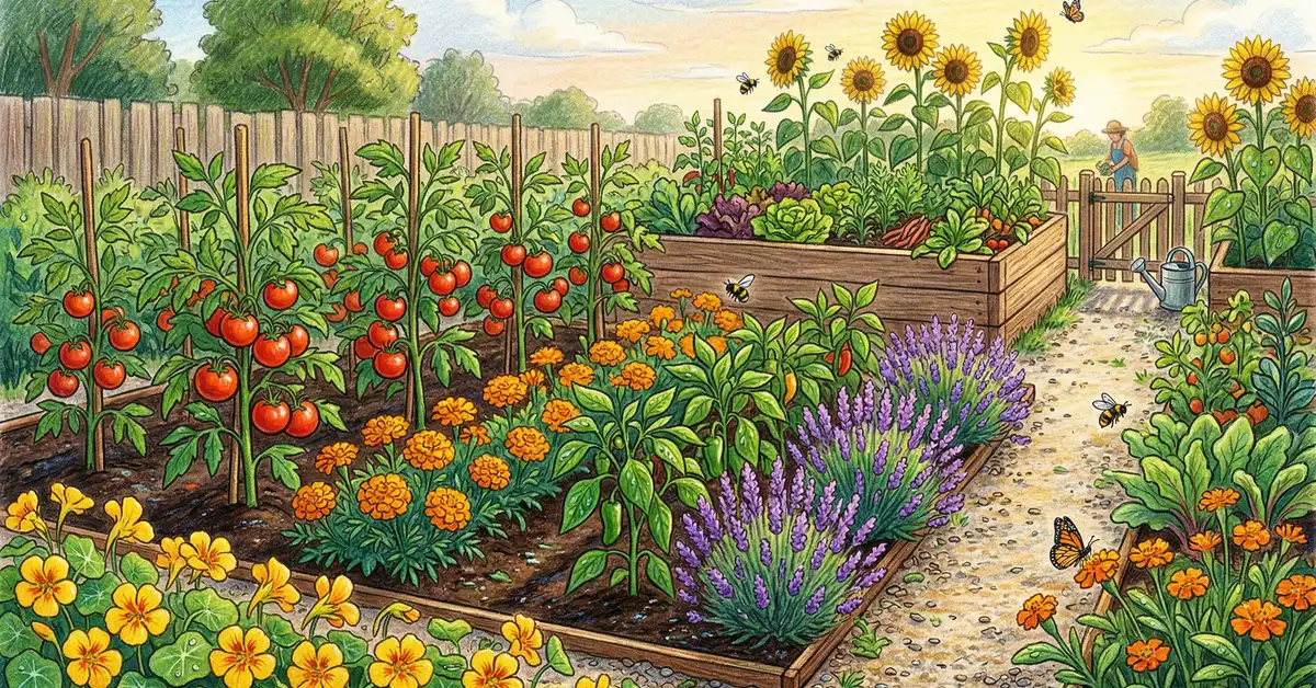 Vibrant vegetable garden with companion flowers including marigolds bordering tomatoes, lavender near peppers, nasturtiums along a garden path, and sunflowers in the background