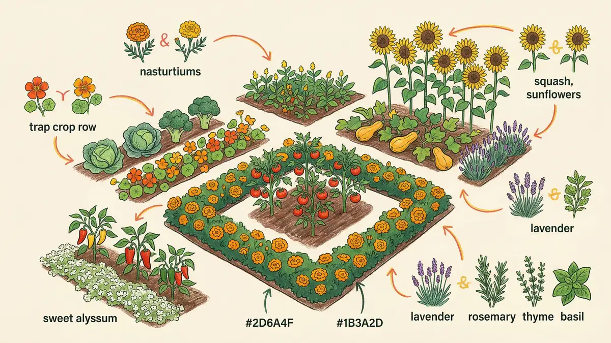 Infographic showing companion flower placement in a vegetable garden with marigold borders around tomatoes nasturtium near brassicas and sweet alyssum under peppers