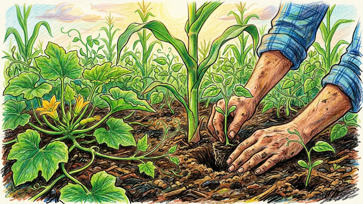 Gardener planting bean seedlings at the base of corn stalks with squash spreading between rows in a traditional Three Sisters companion planting layout