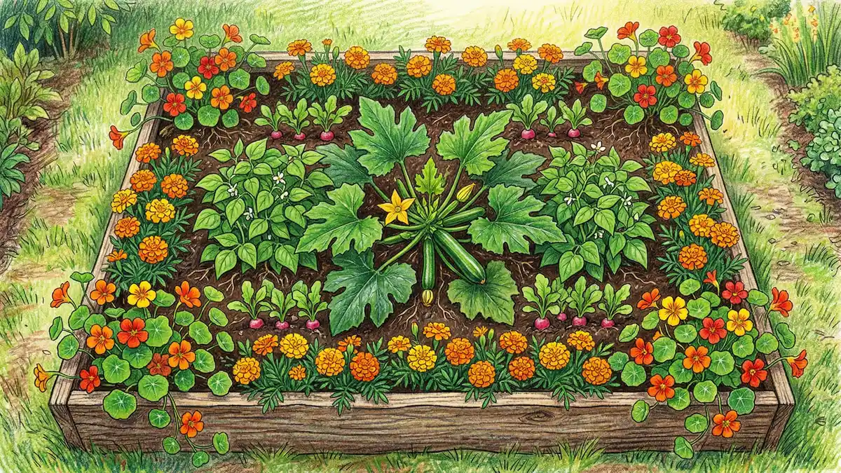 Overhead view of a raised garden bed with zucchini companion planted alongside bush beans marigolds and nasturtiums in an organized productive layout