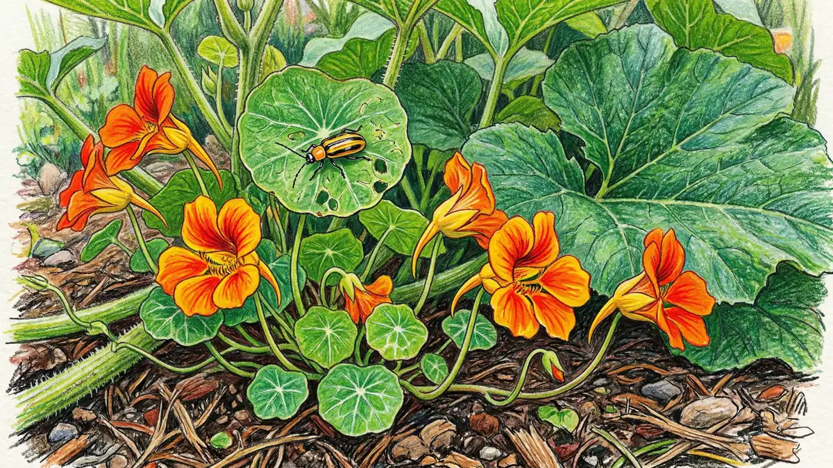 Orange nasturtium flowers growing at the base of a companion planted squash plant acting as a trap crop for cucumber beetles
