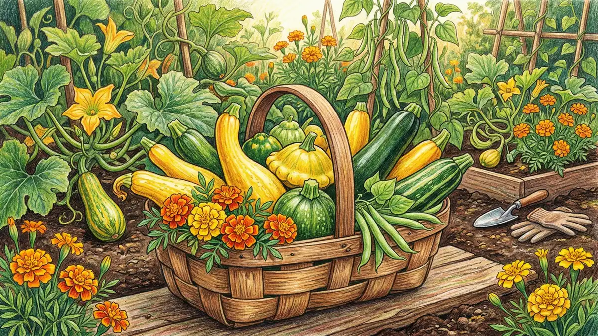 Wooden basket overflowing with freshly harvested summer squash and zucchini alongside companion planted marigold flowers and bean pods