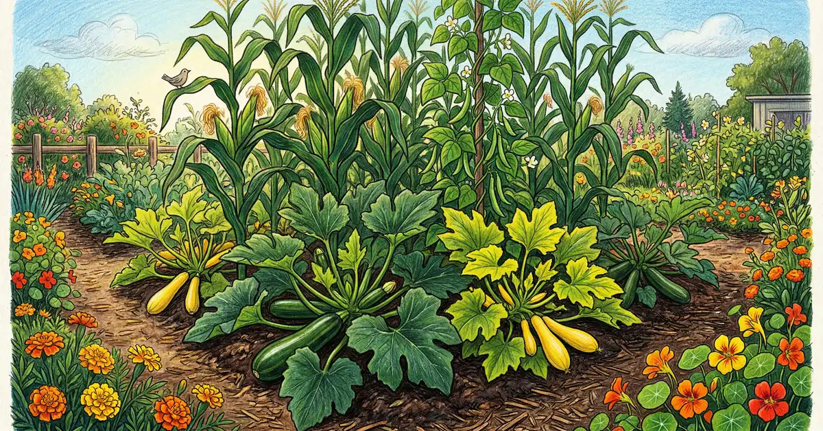 Pencil-crayon illustration of a lush squash and zucchini garden with companion plants including beans, corn, nasturtiums, and marigolds growing together in a permaculture guild