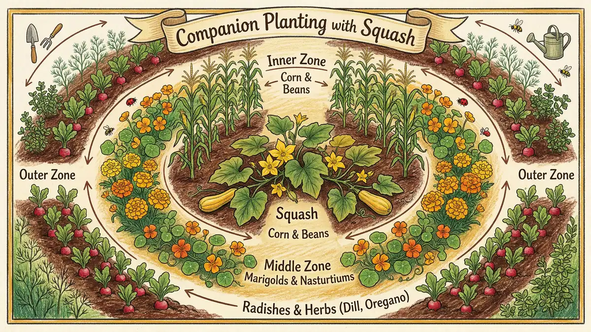 Infographic showing companion planting zones around squash plants with beans and corn in the inner zone marigolds in the middle and herbs on the outer edge