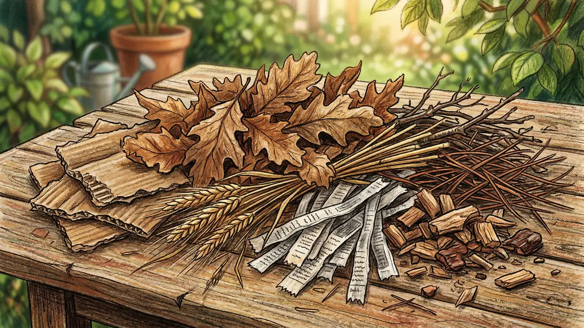 Pencil-crayon illustration of brown compost materials including dried leaves, cardboard, and straw in a garden setting