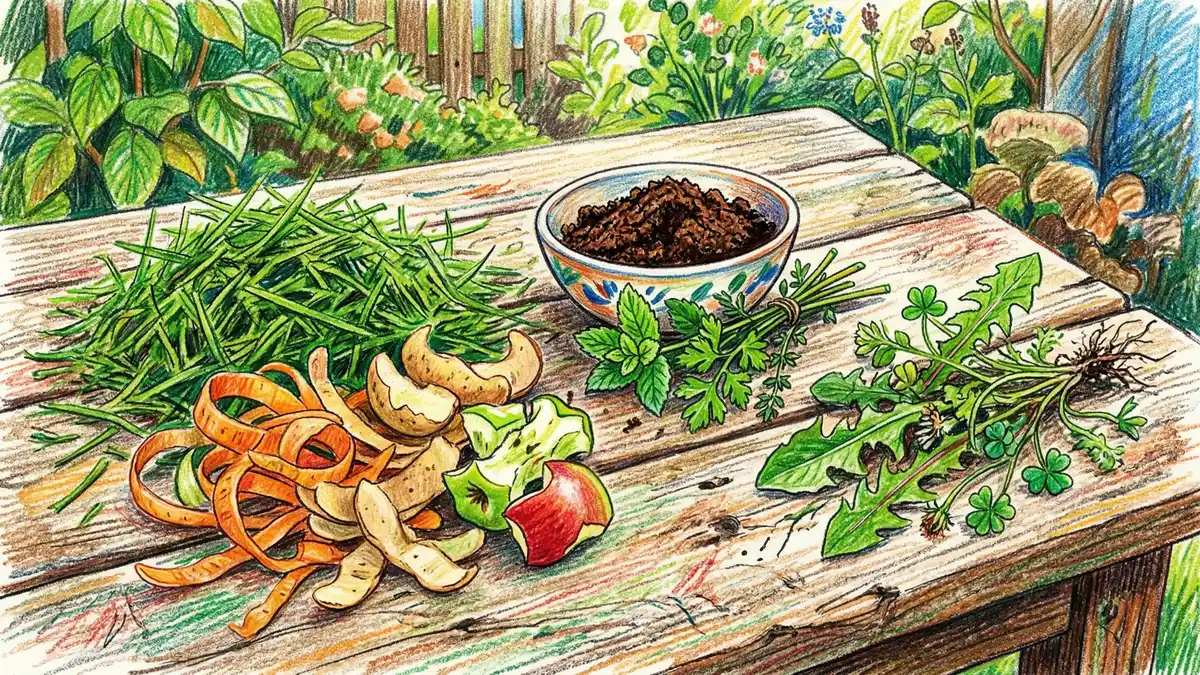 Pencil-crayon illustration of green compost materials including vegetable scraps, grass clippings, and coffee grounds on a garden table