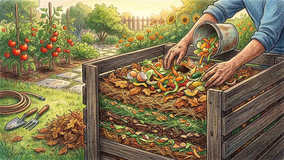 Pencil-crayon illustration showing alternating layers of brown and green compost materials in a bin