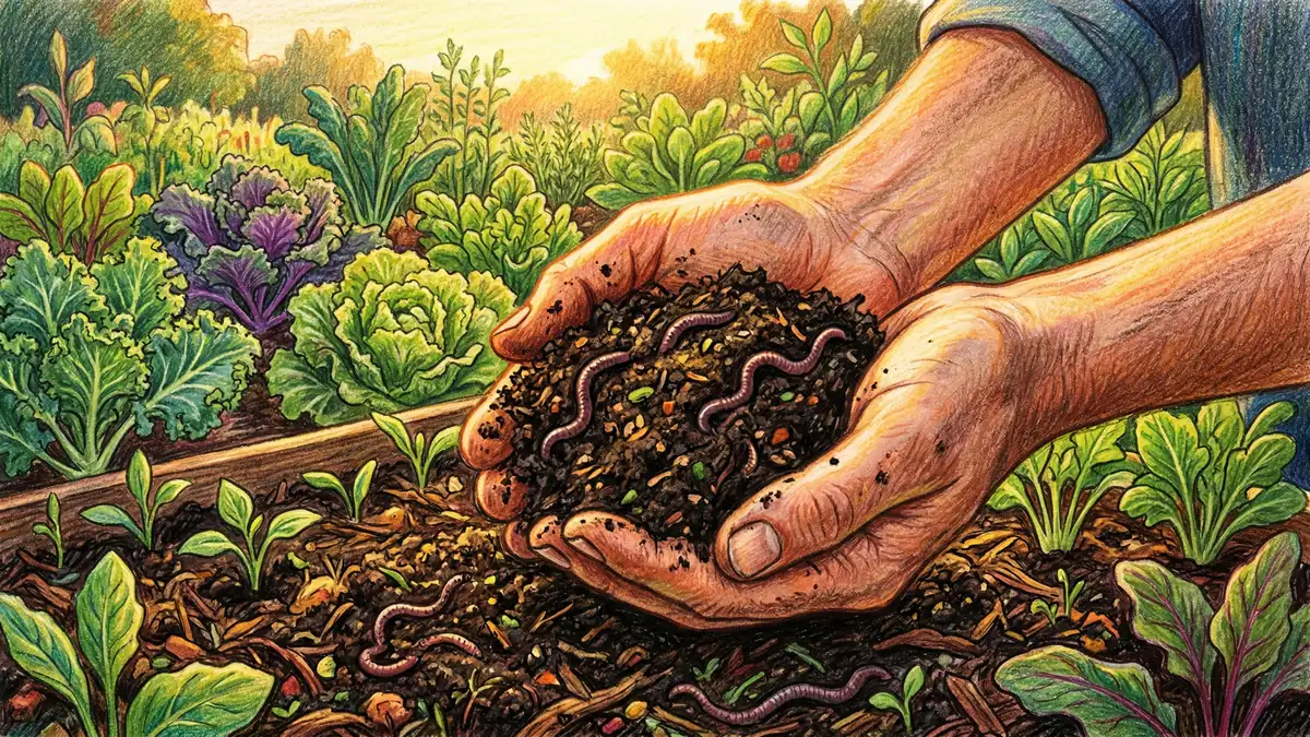 Pencil-crayon illustration of dark finished compost being held in cupped hands with earthworms visible