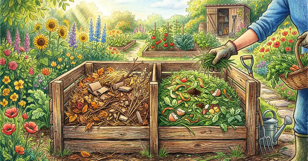 Pencil-crayon illustration of brown and green compost materials arranged side by side showing the contrast between carbon-rich and nitrogen-rich ingredients