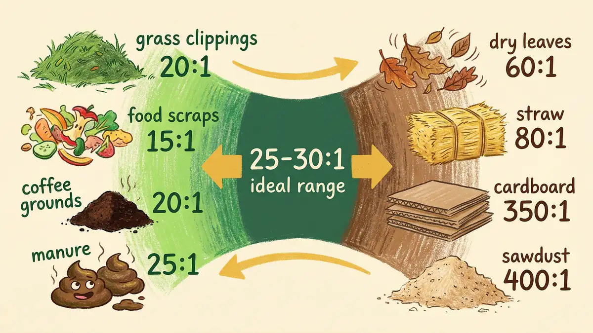 Pencil-crayon infographic showing the carbon-to-nitrogen ratio spectrum from high-carbon browns to high-nitrogen greens with common compost materials placed along the scale