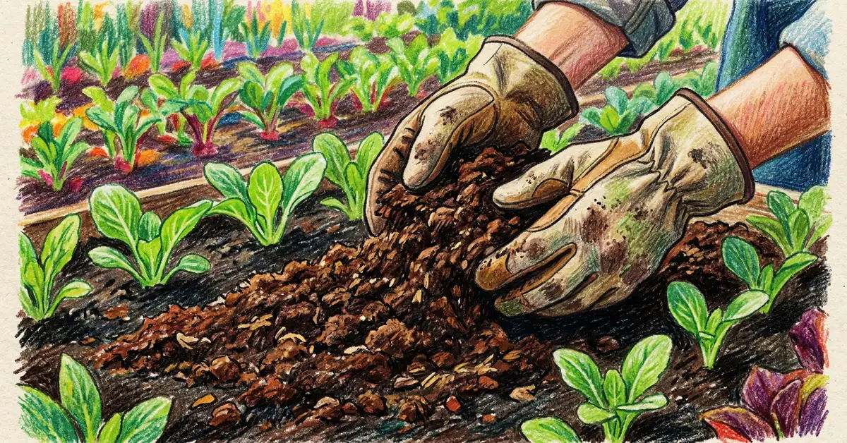 Hands in gardening gloves spreading dark crumbly mushroom compost over a vegetable garden bed with young seedlings emerging