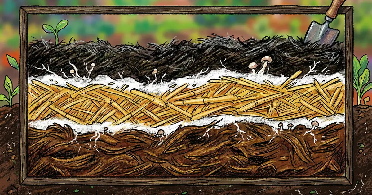 Cross-section of mushroom compost ingredients showing wheat straw, horse manure, gypsum, and peat moss layers in pencil-crayon illustration style