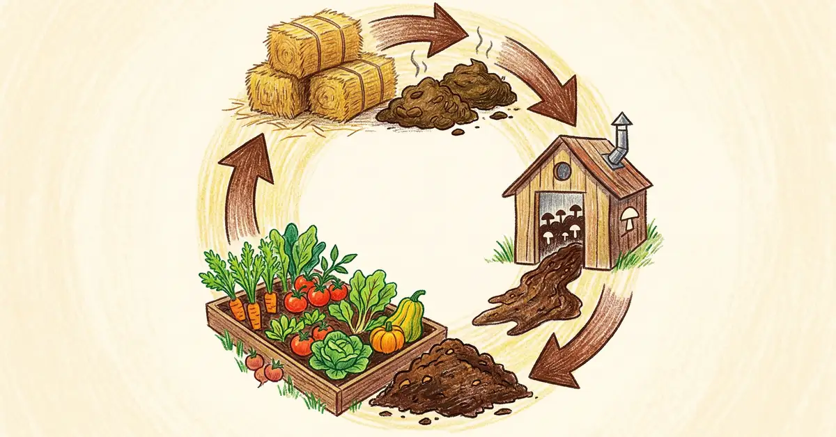 Pencil-crayon illustration of closed-loop mushroom compost cycle from straw and manure through mushroom house to garden bed